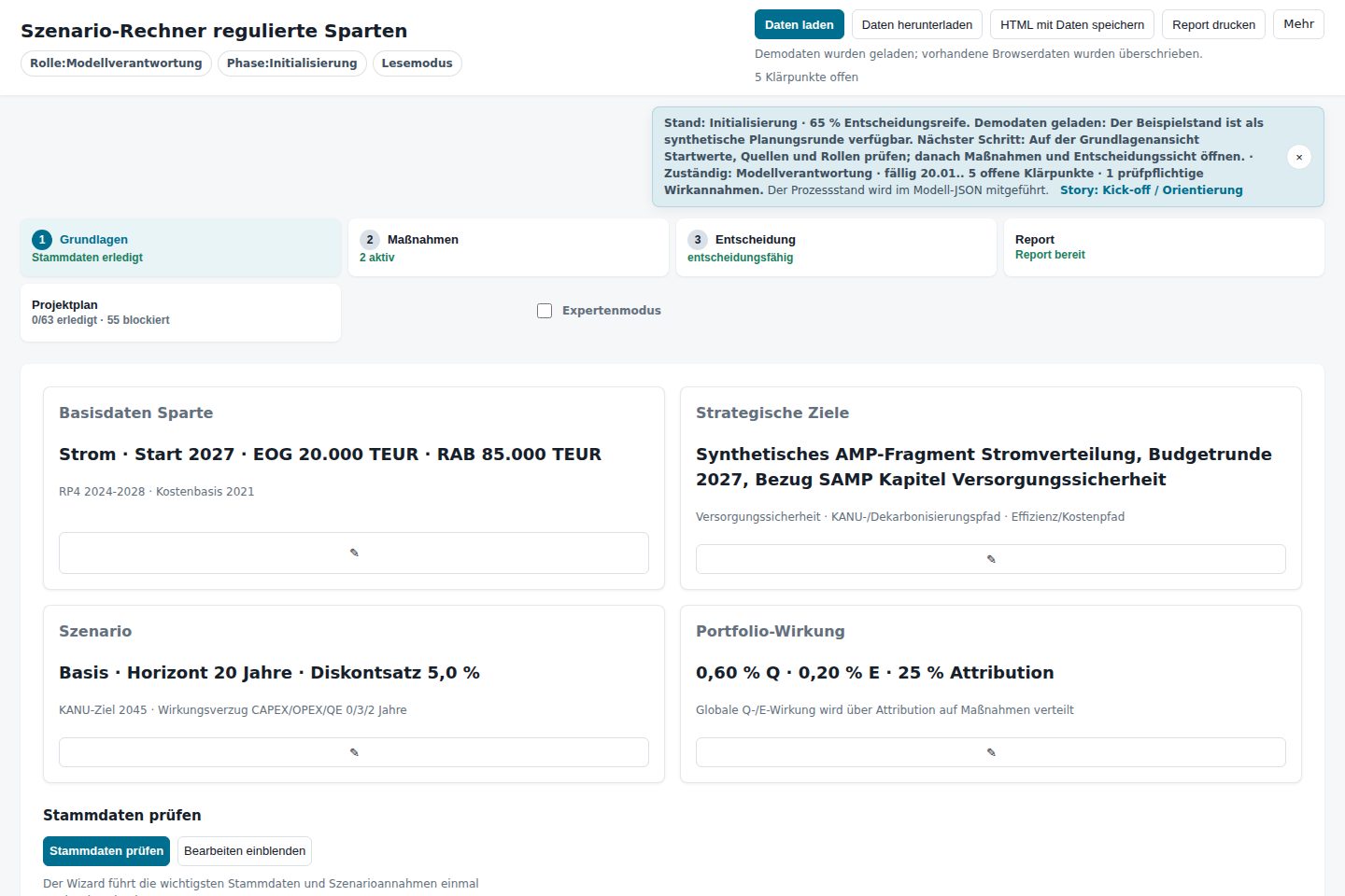 Start einer Planungsrunde mit Demodaten, Rollen, Stammdaten und Prozesshinweis