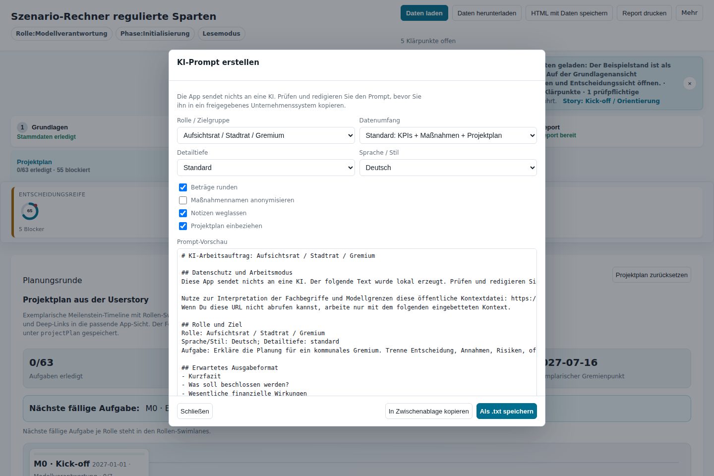 KI-Prompt-Generator mit Rollenwahl, Datenumfang, Redaktionsoptionen und Prompt-Vorschau